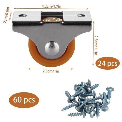 Image of 24 Pcs 1 Inch Caster Wheels With Metal Top Plate For Furniture Rolling Cabinets Trundle Beds And Drawers Silent Ball Bearing TPR Wheel Includes 60 Screws Durable Chrome Plated Steel Construction Lightweight Easy To Install showing a single caster wheel and screws.