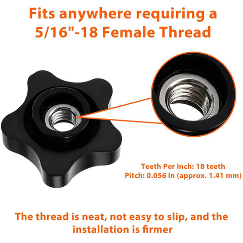 Close-up of Heavy Duty Black Star Knobs Set, 5/16-18 Female Thread showing details and threading, secure installation.