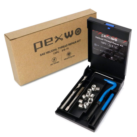 3/8-16 Helicoil Thread Repair Kit With HSS Drill Bit, Thread Inserts, Installation Tool, Break-Off Tool, Precision Tap, Durable Drill Bit, And Carry Case displayed in open case