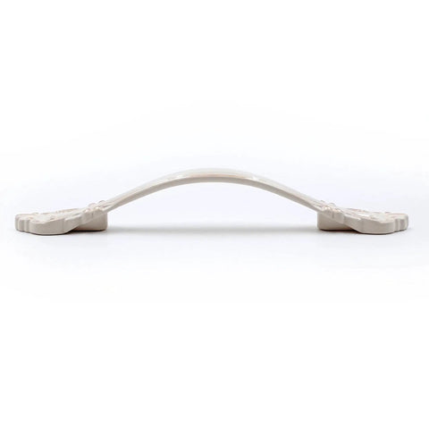 Side view of an Ivory White Cabinet Hardware Pull from 5 Pack, 3 Inch Hole Centers, 5 Inch Overall Length, Zinc Alloy, Subtle Yellow Tint.