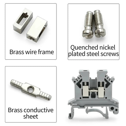 Components of UK-2.5B Din Rail Wire Terminal Block 100Pcs showing steel screws and brass sheet for 12-22 AWG cables.