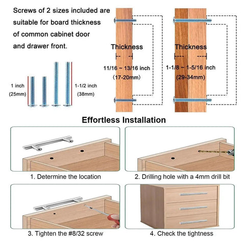 Installation guide for Solid Zinc Alloy Cabinet Pull Handle In Oil Rubbed Bronze, 7 Inch Overall Length, showing screw sizes and drawer steps.