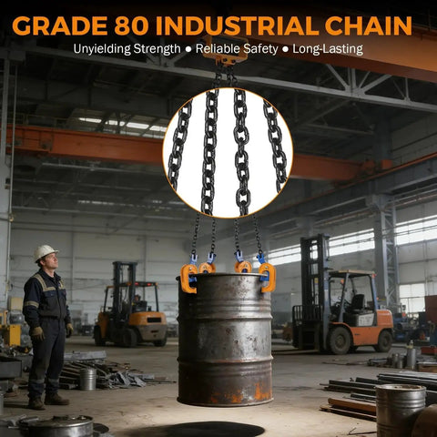 2 Ton Drum Lifter For 55 Gallon Drums With Forklift Hoist Chain And 4 Hooks lifting a drum in a warehouse