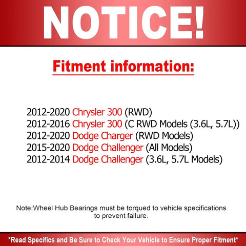 Fitment information for Front Wheel Bearing And Hub Assembly For 5 Lug 2WD Fits 2012 To 2019 Dodge Charger Challenger And Chrysler 300 RWD 2pc Set