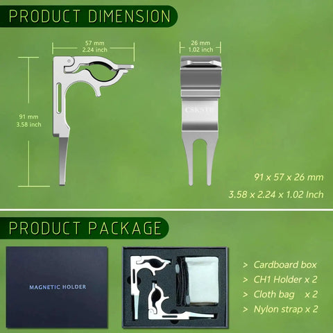 2 Pack Magnetic Sticks Holder For Golf Cart And Grass with four point lock and sponge pad, shown with dimensions and packaging