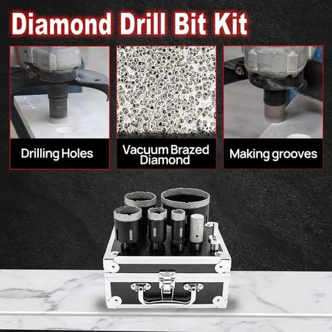 Six Piece Diamond Core Drill Bits Kit With 25mm Diamond Finger Bit For Tile Marble Granite Stone Vacuum Brazed Hole Saw Kit Including 25mm 35mm 51mm 65mm And 102mm displayed with black case
