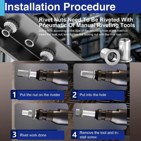 Installation procedure for 1/4-20 Aluminum Rivet Nuts Set With Threaded Inserts Rivnuts UNC Nutserts shown with tools.