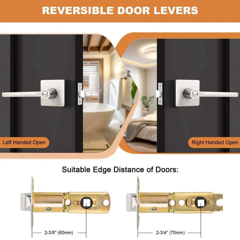 Privacy Door Handle Set For Interior Doors Heavy Duty Square Lever In Brushed Nickel Finish with reversible function displayed.