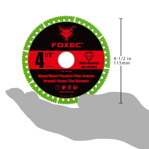 Indestructible Four And One Half Inch Multi Material Cut Off Disc For Angle Grinders with Seven Eighths Inch Arbor Diamond Grit Rim displayed on hand