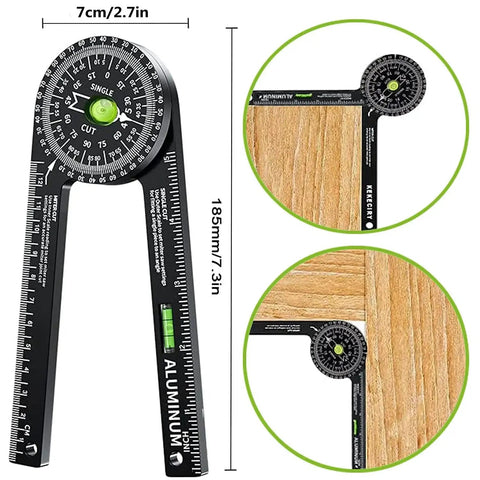 Miter Saw Protractor Angle Finder with Aluminum Construction and Level Gauge, showing 7cm width, 185mm length, wood angle use