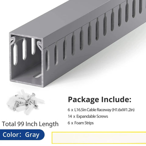 Under Desk Cable Management Raceway Kit 6X 16.5 Inch Sections, 99 Inch Total Length, Open Slot PVC Wire Raceways, Grey, package contents