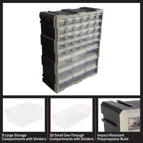 Front view of 39 Drawer Plastic Small Parts Organizer With Desktop Or Wall Storage Drawers For Hardware Crafts Garage Or Classroom Use Grab And Go Ready Durable Stackable Bins With Removable Compartments And Easy Labeling Black Keeps Your Workspace Neat And Tidy.