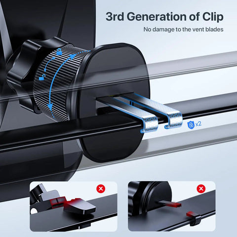 Close-up of 3 In 1 Car Phone Mount For Dashboard Windshield Or Air Vent Heavy Phone And Thick Case Friendly clamp showing adjustment features.
