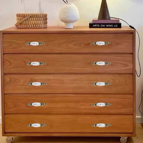 Wooden dresser with 8 Piece Antique Bronze Ceramic Dresser Handles Set For Cabinets And Drawers, Vintage White Ceramic Knobs and Pulls.