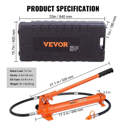 10 Ton Porta Power Hydraulic Kit With Pump 4.6 Ft Hose Bent Frame Repair Tool with carrying case and dimensions