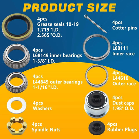 Components of Trailer Hub Bearings Kit For 3500 Lb Axles 1-3/8 To 1-1/16 Spindle Number 84 EZ Lube displayed with sizes.