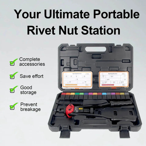 Pro Grade Rivet Nut Tool Kit With Sixteen Inch Gun, Fifteen Mandrels, And Two Hundred Nutserts, shown in storage case
