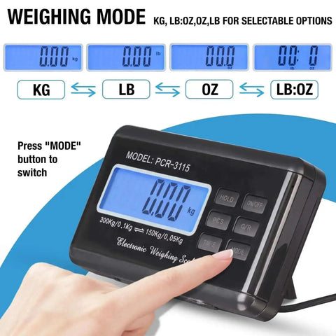 Control panel of Beefy 660 Pound Postal Shipping Scale With 14 By 12 Inch Stainless Platform LCD Backlit Display showing unit modes.