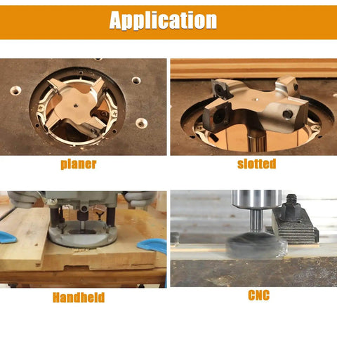 Applications of Pro Grade CNC Spoilboard Surfacing Router Bit Set with Half Inch Shank shown in planer and CNC machines