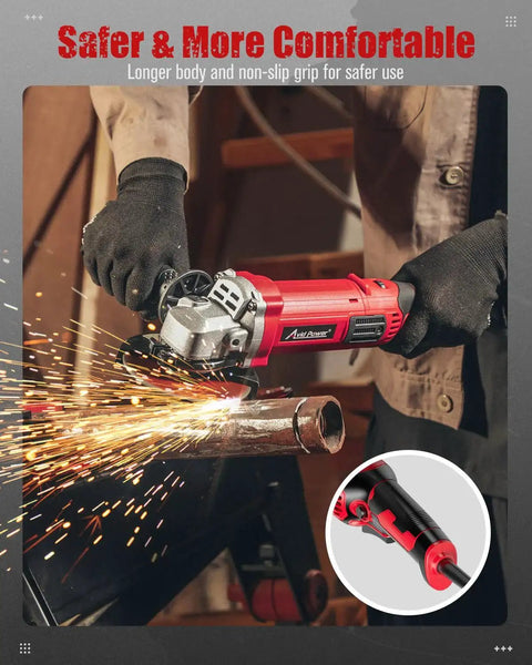 4-1/2 Inch Angle Grinder With 1000W Motor, 8 Amp, 7 Variable Speeds From 3,000 To 11,500 RPM in use on metal pipe