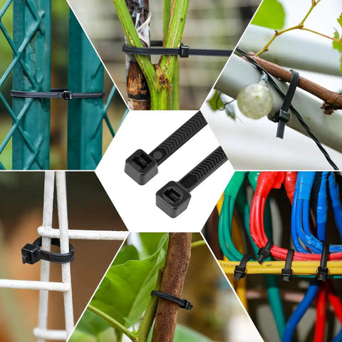 Heavy Duty 12 Inch Cable Ties With 120 Lb Tensile Strength, shown in various outdoor installations, black nylon, 100 pack.