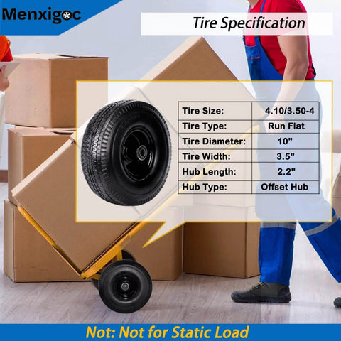 Heavy Duty 10 Inch Flat Free Tire And Wheel Set For Hand Trucks Garden Wagons Carts And Dollies, shown with specifications overlay