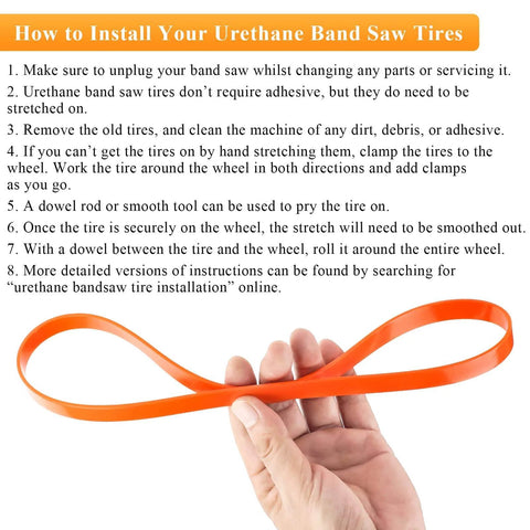 Hand holding a Premium Urethane Bandsaw Tire 14 Inch By 1 Inch By 0.095 Inch Two Pack With Quick Install No Adhesive Needed.