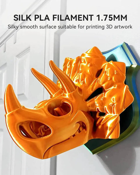 3D printed rhino head using Silk PLA Filament 1.75mm for 3D Printers, ultra gloss silk finish, smooth silky surface, mounted on wall