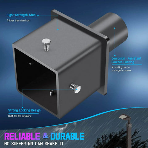 Heavy Duty 2-3/8 Inch Vertical Tenon Pole Adapter For 5 Inch Square Light Poles Rust Proof Slip Fitter Mount For Outdoor Parking Lot Street Shoebox Area Lights Universal Slide Fit Converts Square Poles To Round Fixtures, showing front and side view with highlighted features.