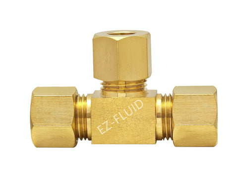 EZ-Fluid brass 1/4-inch compression tee with three 1/4-inch compression ends for drinking-water plumbing.