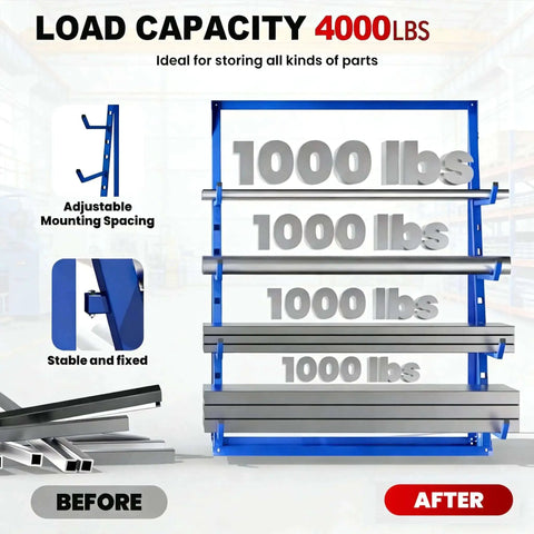 Beefy Industrial Cantilever Rack System For Heavy Duty Storage And Lumber Organization Freestanding Alloy Steel Pipe Rack With Upward Safety Hooks Garage Shed Workshop Storage 4000 LBS Capacity, showing 4 tiers with 1000 lbs capacity each, mounted on a blue frame with adjustable spacing.