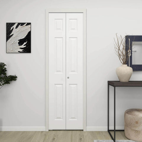 24 Inches By 80 Inches Bifold Barn Door With Hardware Kit, White Primed 6 Panel Hollow Core Interior Closet Door, installed