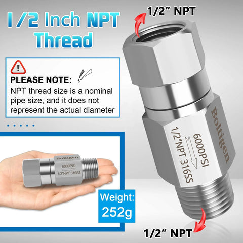 Boltigen 1/2 NPT inline ball check valve, stainless steel 316, 6000 PSI for well pump systems