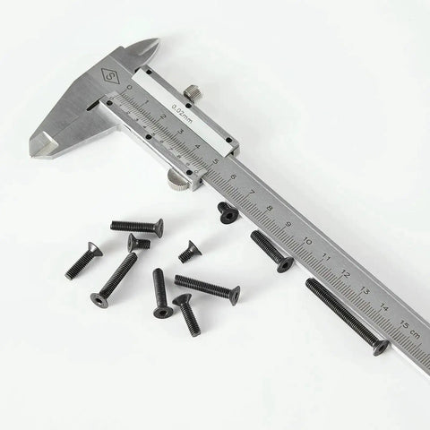 M4 Flat Head Hex Socket Cap Screws Set Includes 8Mm 12Mm 16Mm 20Mm 25Mm Lengths, Built Tough 100Pcs, shown with caliper