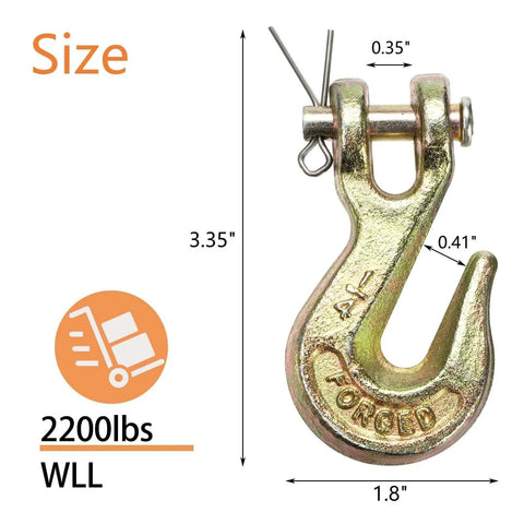 Dimensions of Ten Pack 1/4 Inch Clevis Grab Hook For 6mm Chain, G70 Forged Steel Safety Hook, shown with measurements and load capacity.