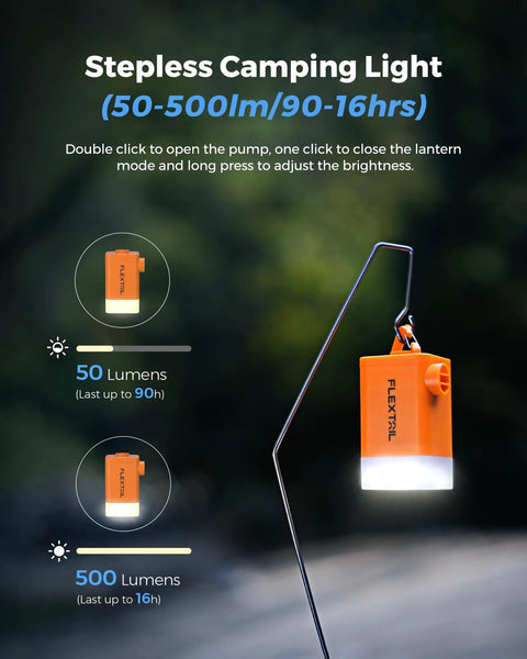 FLEXTAILGEAR air pump for inflatables, orange device with white LED base, two inset views outdoors