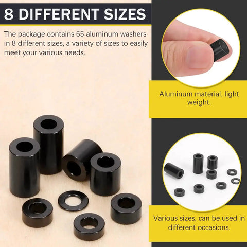 65 Piece Round Black Aluminum Spacers Kit With 8 Sizes Inner Diameter 3.1 mm Outer Diameter 6 mm Standoff Column Spacers