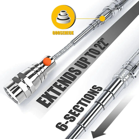 Magnetic Pickup Tool With Telescoping Magnet And Flashlight showing extendable sections up to 22 inches and flexible gooseneck.