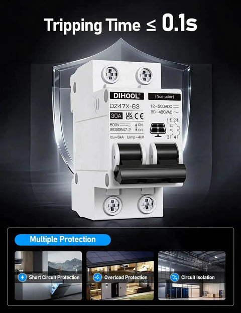 30 Amp Two Pole Solar Disconnect Switch With DIN Rail Mount For 12V 24V 48V And 400V Systems AC DC Circuit Breaker front view