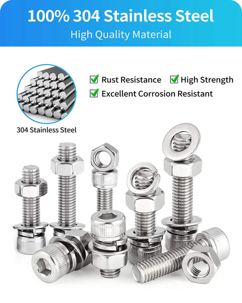 Go To Metric Screw And Bolt Kit With 2000 Pieces In M2 M3 M4 M5 Sizes Including Lock Washers Flat Washers And Nuts 304 Stainless Steel Hex Socket Head Cap Screws For Electronics And DIY Projects Bolts And Nuts Set Silver in stainless steel with high strength and corrosion resistance