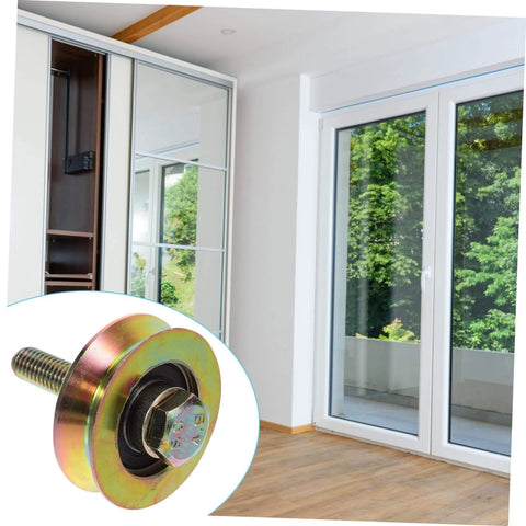 Heavy Duty Sliding Door Rollers With U Shaped Track For Smooth Motion Replacement Hardware For Shower Doors Barn Doors Indoor Doors Ultra Quiet Durable Wheels No Fuss Install And Reliable Sliding Performance, gold finish roller close-up with patio doors in background