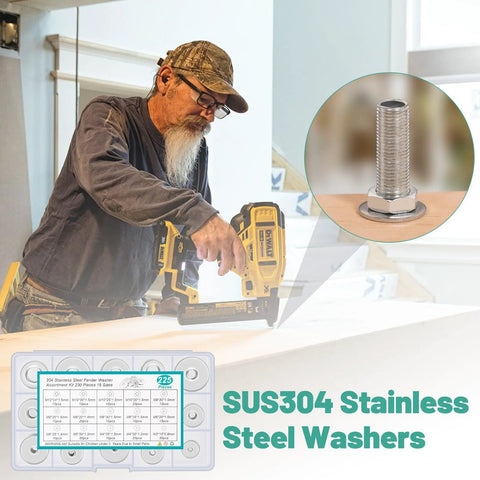 304 stainless steel fender washers set, 225 pieces in 15 sizes for screws (M3–M12), packaging shown.