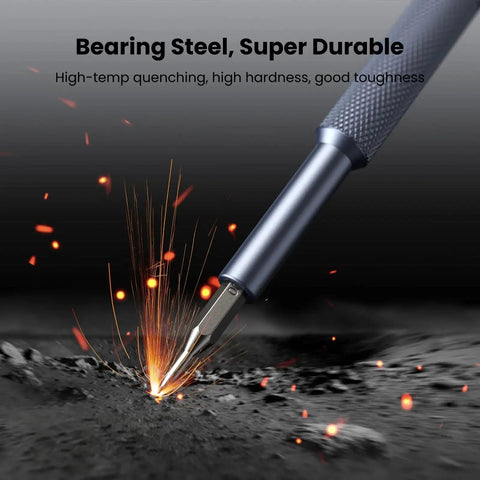 128-In-1 Precision Screwdriver Set with bearing steel tip demonstrating durability and strength in electronics repair