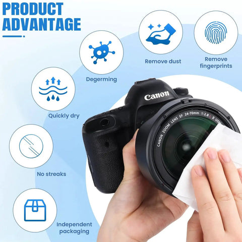 Person cleaning camera lens with Pre Moistened Lens Wipes For Eyeglasses Goggles Non Scratching 250 Pack, highlighting advantages.