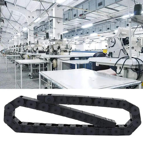 Nylon Cable Drag Chain For 3D Printers And CNC Machines 18x25mm, black, shown in industrial setting, flexible cable protection.
