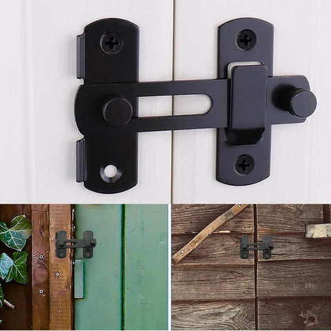 Sliding Barn Door Lock And Latch Set 2 Pack Matte Black Durable Stainless Steel Interior Flip Latch installed on various surfaces