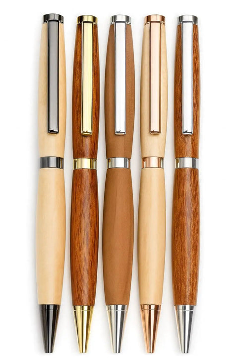Front view of Pro Slimline Pen Kit Set For Wood Turning Ten Pack With Multiple Finishes 7mm Twist Pen Kit Includes Refills