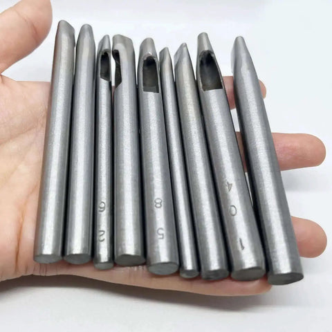 9 Size Oval Leather Hole Punch Set Carbon Steel Pro Grade Hand Punch Tool Kit shown with hand for size comparison.