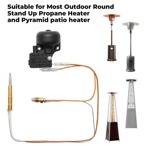 Outdoor heater replacement parts kit with thermocouple, tilt switch, and dump switch for round and pyramid patio heaters.