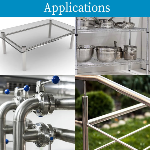 304 stainless steel tube, 3/4 in OD x 3 ft, seamless; collage of furniture frame, shelving, pipework, and railing.